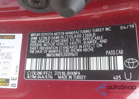 2019 Toyota C-Hr Xle z USA, uszkodzony, nr VIN NMTKHMBX2KR090611